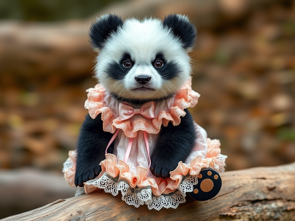This is a high-resolution photograph of a angry panda named Huahua, depicted with her distinctive black and white fur, sitting gracefully on a wooden log. Huahua is dressed in an adorable pastel-colored dress adorned with delicate frills and bows, adding a touch of whimsy to her natural charm. The dress is detailed with intricate patterns and soft textures, creating a lifelike contrast to her fluffy fur.