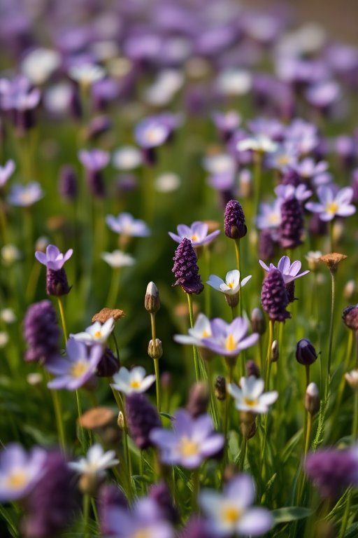 close-up of a field of purple and white flowers with a shallow depth of field, camera settings: f/2.8, ISO 100, 1/200s, camera view: macro perspective, camera style: natural lighting, camera type: DSLR