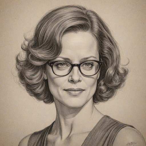 Graceful Sigourney Weaver, pencil sketch, portrait of Appealing woman 1932s in glasses, hair style beatnik, outline, clear lines, fine lines, 8k