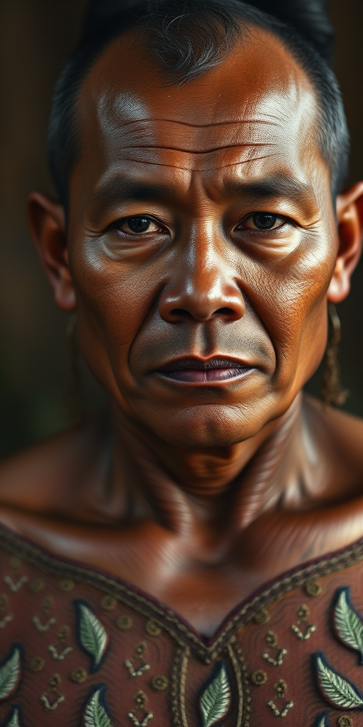 Face, shoulders, chest covered in openwork Pacific Islander embroidery. Raw, unedited image.
