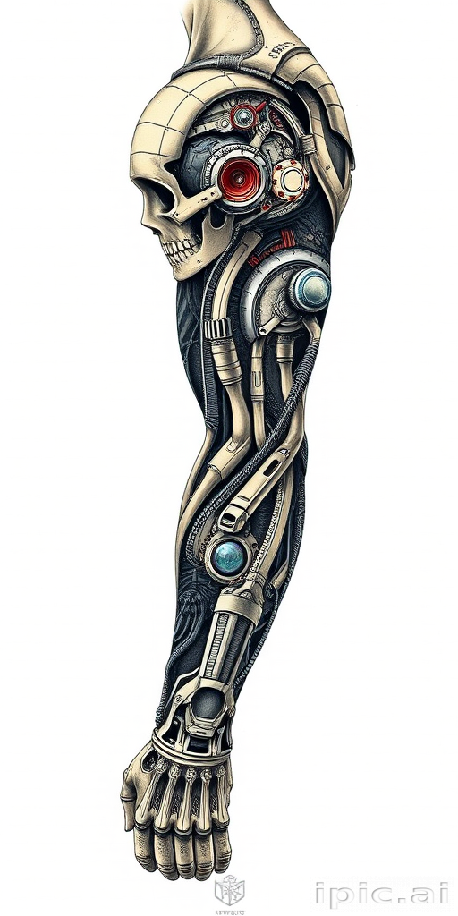 Futuristic biomechanical tattoo called "Cybernetic Evolution" depicting intricate machinery and circuitry seamlessly blending with human anatomy, creating a stunning and unique full sleeve design