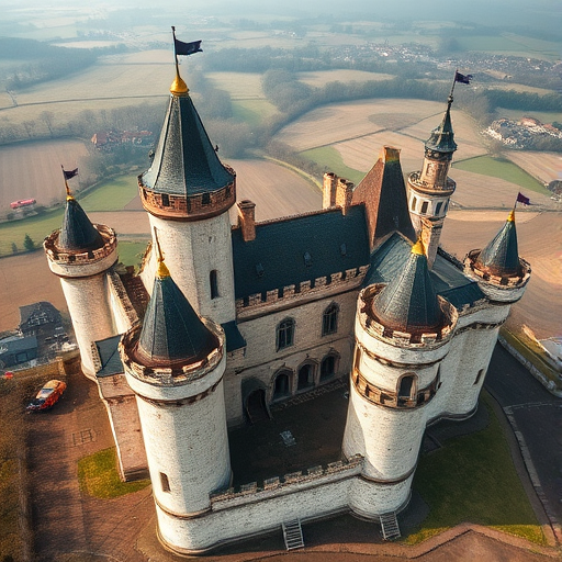 Aerial view of a detailed medieval castle with multiple towers and a courtyard, captured with a DSLR camera at f/8 aperture, ISO 100, 24mm lens, in natural light, with HDR style for enhanced details and colors.