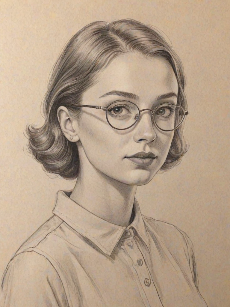 Graceful Emma Chamberlain, pencil sketch, portrait of Comely woman 1934s in glasses, hair style beatnik, outline, clear lines, fine lines, 8k