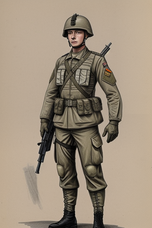 Detailed Illustration of a Soldier in Combat Uniform with Rifle Ready
