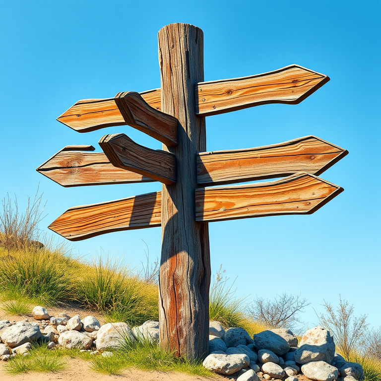 Create a detailed illustration of a weathered wooden signpost with multiple arrows pointing in different directions, surrounded by small rocks, captured in natural daylight using a DSLR camera, 50mm lens, f/2.8 aperture, ISO 100, in a vibrant and colorful style.