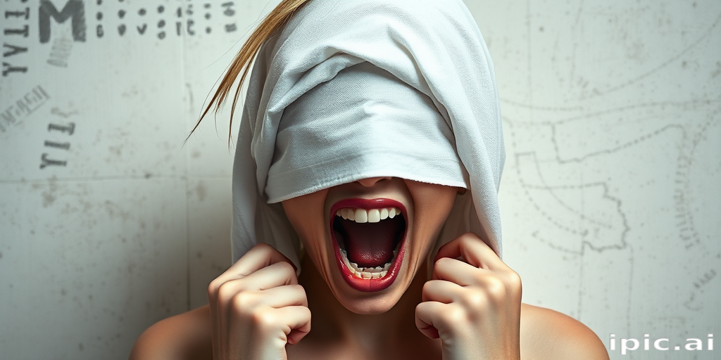 Create a close-up photographic image of the head and torso of a person with light skin tones shown against an old, worn wall. Their head is wrapped in a white cloth covering (i.e.... parts of the head except the nose and mouth, which are open as if they are screaming...), with a slight texture and visible folds in the fabric. Thin strands of blonde hair escape from the wrapping above, falling lightly at the top and sides. Their hands hold the fabric as if they are tugging nervously. The lighting is dramatic and even, casting strong shadows. The image has a minimalist and surreal style with an emphasis on simplicity with soft color tones. The composition is centered.