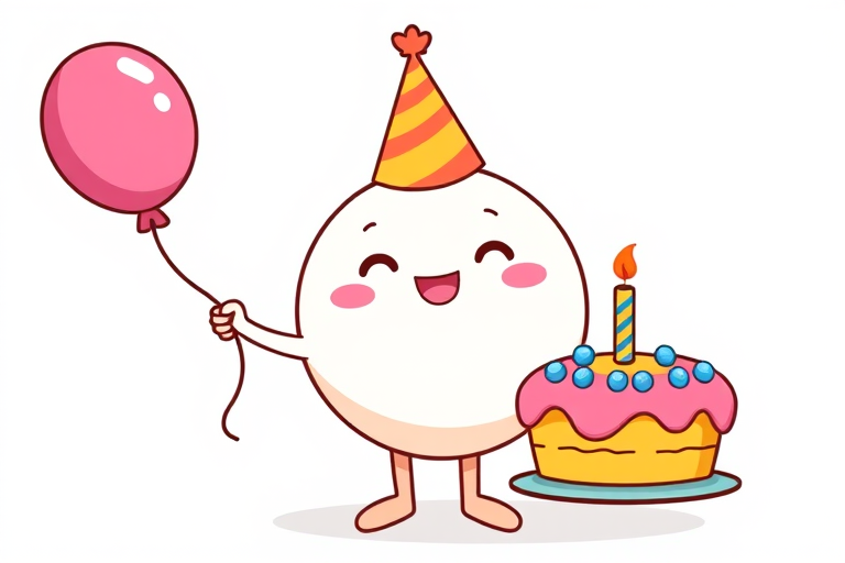 A cute cartoon character with a round body wearing a party hat holding a pink balloon in one hand and a colorful birthday cake with a candle in the other hand, smiling happily, in a simple and cheerful style.
