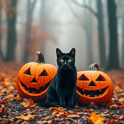 black cat sitting between two carved pumpkins in a foggy forest during autumn with orange leaves on the ground, shallow depth of field, aperture f1.8, ISO 100, shutter speed 1/250s, focused on the cat, DSLR camera, portrait style