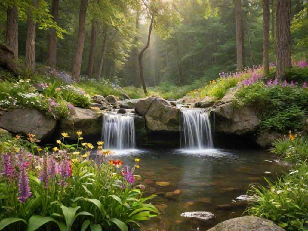 create a serene forest scene with a calm waterfall cascading into a pond surrounded by lush greenery and colorful wildflowers under soft sunlight