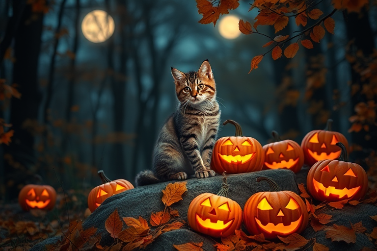 A whimsical scene with a tabby cat sitting on a rock surrounded by glowing jack-o'-lanterns amidst autumn leaves, moonlit forest backdrop, shot with a DSLR camera at f/2.8 aperture, ISO 200, 50mm lens, soft focus, and high dynamic range processing for enhanced details.