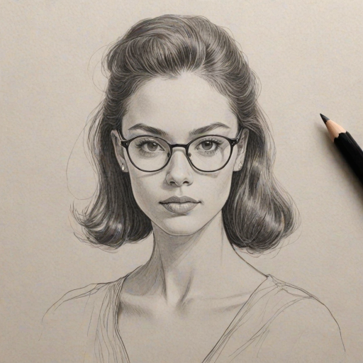 Wonderful Olivia Rodrigo, pencil sketch, portrait of Elegant woman 1961s in glasses, hair style beatnik, outline, clear lines, fine lines, 8k