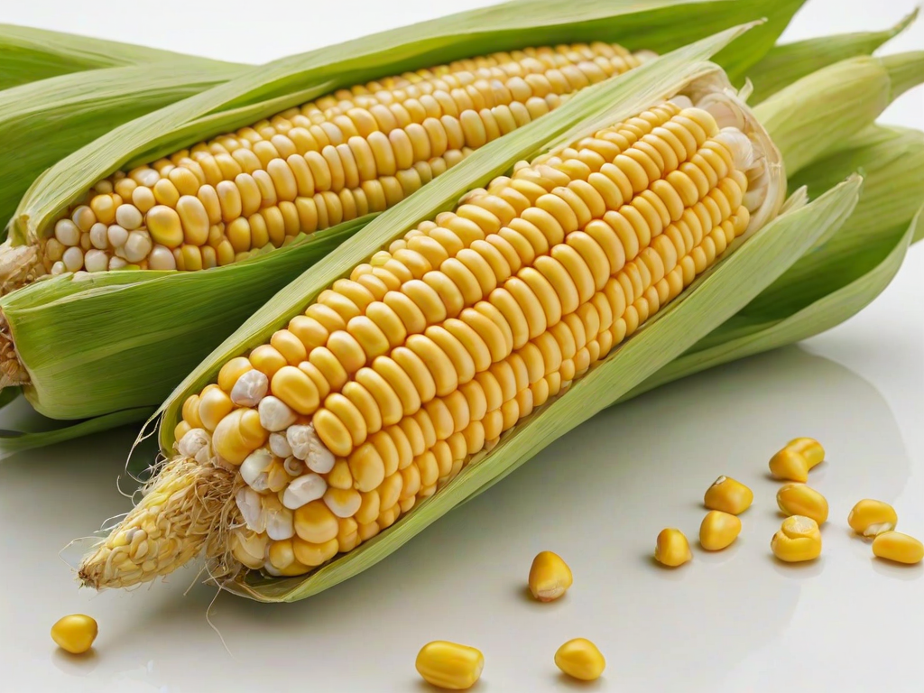 a detailed and realistic depiction of a fresh corn on the cob with bright yellow kernels, partially husked, set against a plain white background