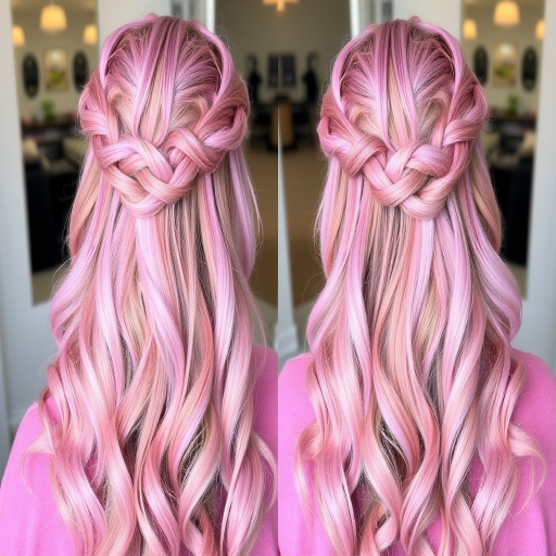 Whimsical hair style presenting pastel pink and lavender balayage highlights on long wavy tresses styled in a romantic half-up crown braid