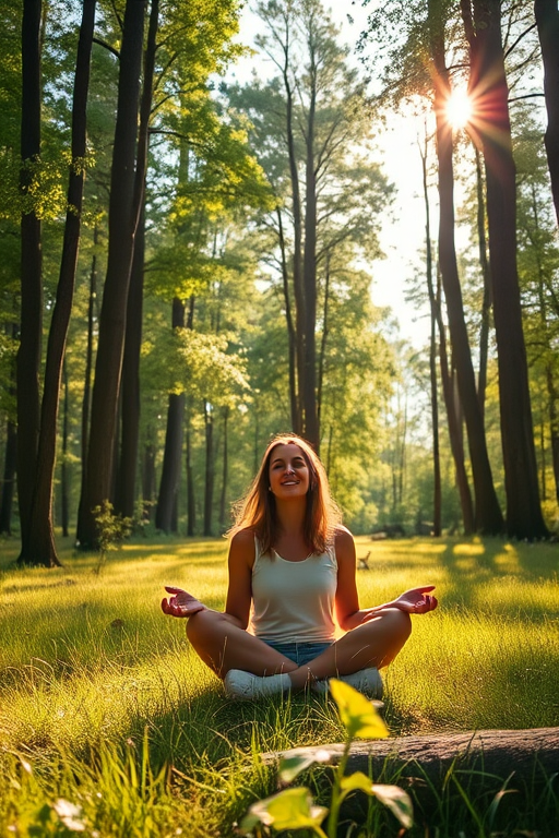 Sun-dappled forest clearing, with soft grass underfoot, a woman sits cross-legged, enjoying the tranquility as birds sing in the canopy above.