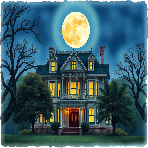 Create a high-resolution watercolor illustration of a Victorian mansion under a full moon at night, with detailed trees and a well-lit facade, captured with a Canon EOS R5, 50mm lens, f/1.8 aperture, ISO 100, soft focus background, and a slight vignette effect.