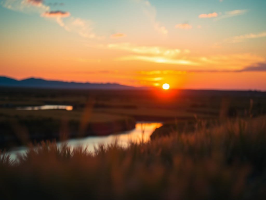 Create a high-resolution image of a serene landscape at sunset with vibrant colors, focus on the foreground with a shallow depth of field, using a DSLR camera set to ISO 100, f/2.8 aperture, 1/200s shutter speed, and a 50mm lens, taken from a low angle to capture the glow of the setting sun reflecting off the water.