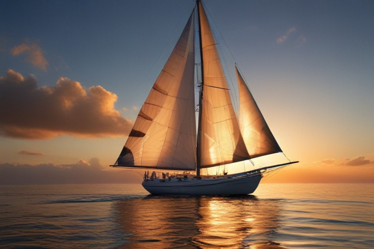 Graceful Sailboat Gliding Across Calm Waters at Sunset's Golden Hour