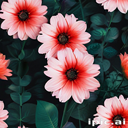 Vibrant Pink Flowers Blooming Amidst Lush Green Leaves and Dark Background