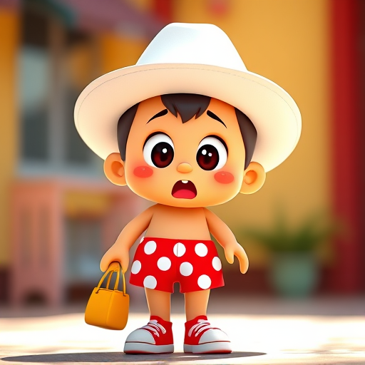Create a colorful cartoon character with a surprised expression, wearing a white hat and red polka dot shorts, holding a yellow bag, shot in vibrant colors with a soft-focus background using a DSLR camera with a 50mm lens, f/1.8 aperture, ISO 100, in daylight.