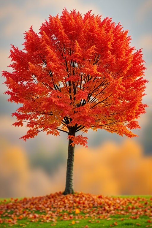 Generate a vibrant autumn scene featuring a solitary tree with colorful leaves in shades of red, orange, and yellow against a soft blurred background, use a Canon EOS R5 camera with a 50mm f/1.2 lens, aperture set to f/2.8, ISO 100, and a shallow depth of field to enhance the focus on the tree while maintaining a dreamy background.