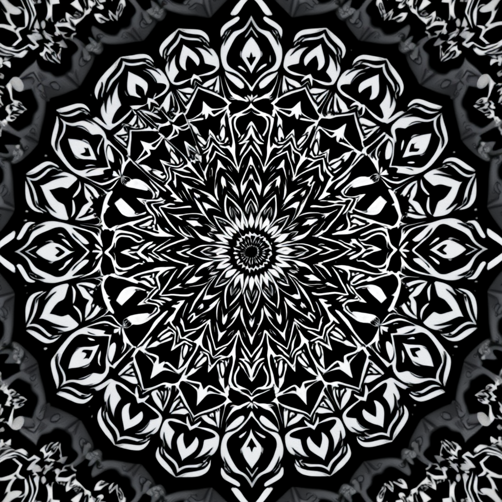 Create a highly detailed black and white mandala design with intricate patterns and symmetrical elements, using a macro lens at f/8, 1/125s shutter speed, and ISO 100, shot from a top-down view with a digital DSLR camera to enhance clarity and depth.