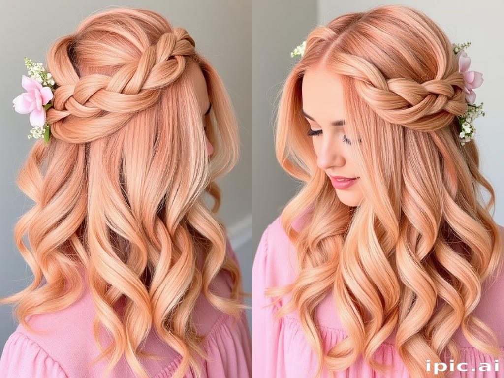 Soft peach to coral gradient named "Sunset Haze" styled in loose, romantic curls with a braided crown and delicate floral accents woven throughout