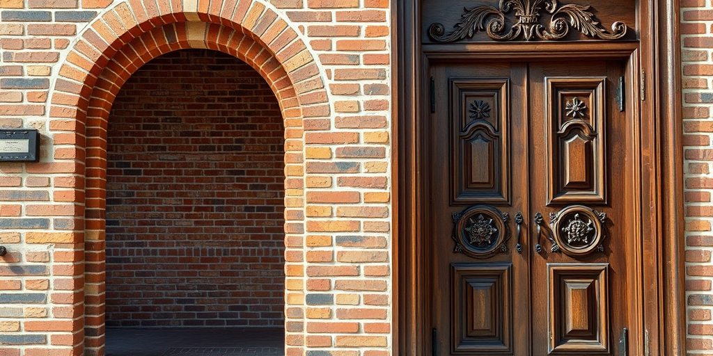 Create a highly detailed image of two doors, one with an arch and intricate patterns made of reddish bricks, the other a classic wooden door with detailed carvings, shot with a DSLR camera at f/8 aperture, 50mm lens, 1/125s shutter speed, natural lighting, and a shallow depth of field to enhance the texture and color vibrancy.