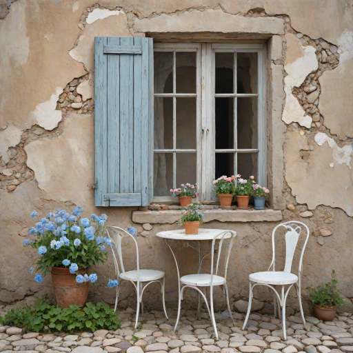 Create an amazing realistic watercolor image, The background is a crumbling wall beige and pale blue with the old wooden window. front of the wall has an old white table with two chairs. The soil is stones. Both of side of the image amazing flowers visible.
