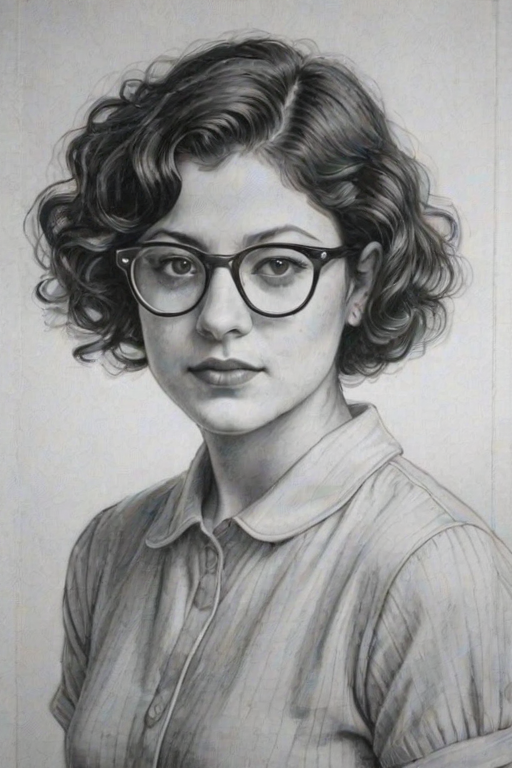Lovely Alia Shawkat, pencil sketch, portrait of Appealing woman 1927s in glasses, hair style beatnik, outline, clear lines, fine lines, 8k
