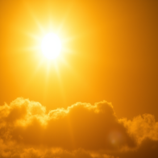 Create a vibrant sun with golden rays and subtle clouds in the foreground, using a 50mm lens, aperture f/2.8, ISO 100, shooting in natural light, with a focus on high dynamic range for enhanced color and detail.