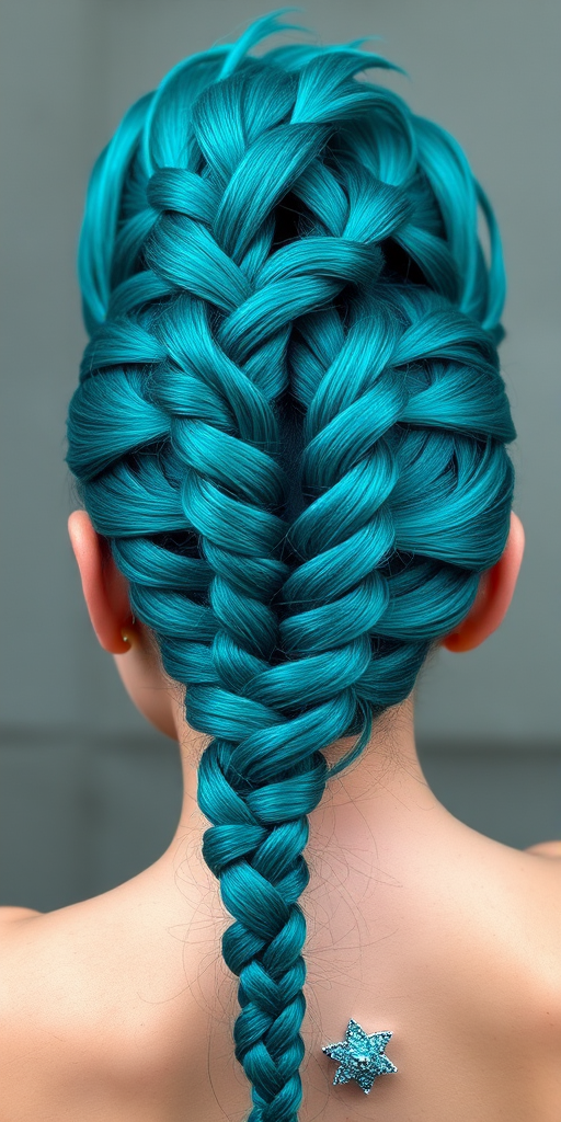 Vibrant teal mermaid hair in a braided mohawk updo, Aquatic Warrior design, featuring intricate plaits and shimmering scales for a bold and fantastical look
