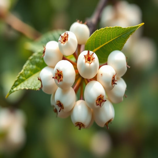 Create a high-resolution illustration of a cluster of white berries with a green leaf, using a Canon EOS R5 camera, f/2.8 aperture, 50mm lens, and natural lighting for enhanced detail and clarity.
