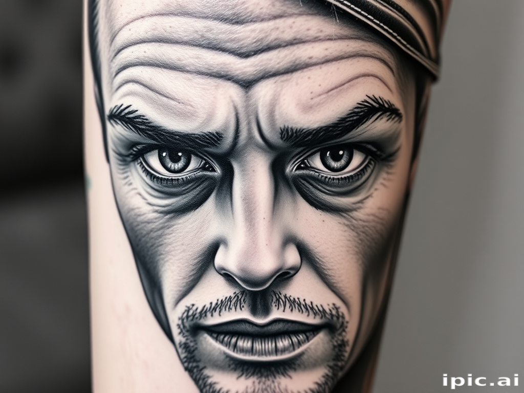 Realistic grayscale portrait tattoo showcasing hyper-detailed facial features, utilizing various shading techniques to create depth and dimension, capturing the subject's essence with lifelike precision