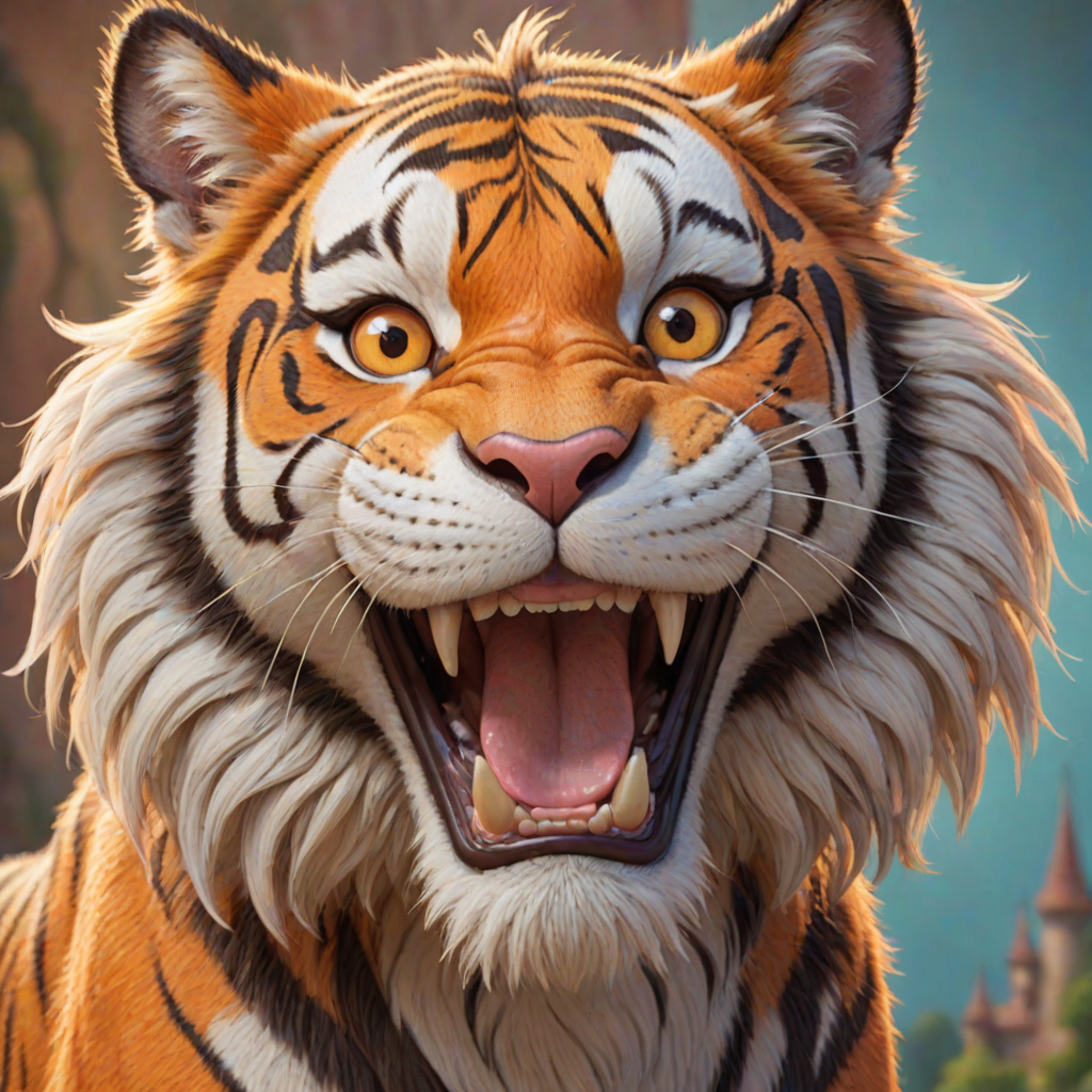 Disney style, cartoon illustration of an orange and white tiger with messy hair smiling very wide open mouth showing, in the Disney Pixar animation style, in the style of Don Bluth, full teeth body, with a very detailed face, very detailed eyes, very detailed fur, full color, very colorful, with a very colorful background, soft pastel colors, high resolution, high quality, high detail, hyper realistic