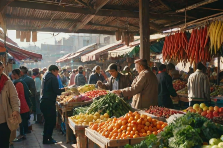 Low-resolution candid shot of a bustling marketplace, colorful stalls overflowing with fruits and vegetables, people browsing in vibrant clothing, and warm afternoon light filtering through overhead canopies.