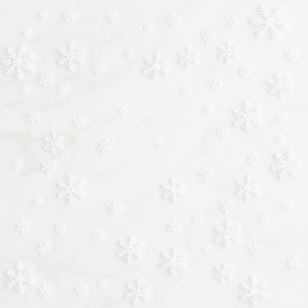 Create a winter themed background featuring a marble texture with soft white and light beige colors and overlay delicate snowflakes in various sizes and designs scattered throughout the image.