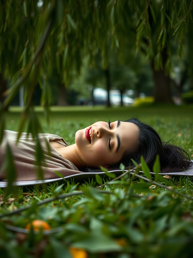 A person lying on a mat in a park, surrounded by greenery and willow branches, with a serene expression, shot with a Canon EOS 5D Mark IV, 85mm lens, f/2.8 aperture, 1/200 sec shutter speed, soft focus background.