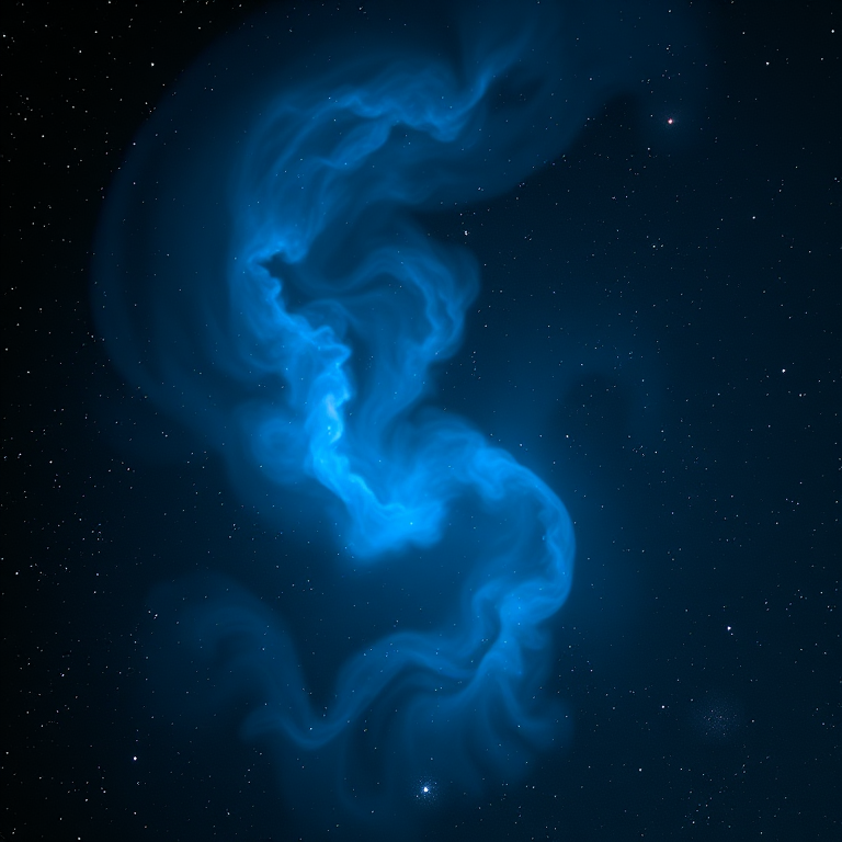 Generate a high-resolution image of a cosmic scene featuring swirling blue nebulae against a dark starry background with luminous stars, captured using a DSLR camera with a 50mm lens, f/1.8 aperture, ISO 800, and a long exposure of 30 seconds for enhanced detail and depth.