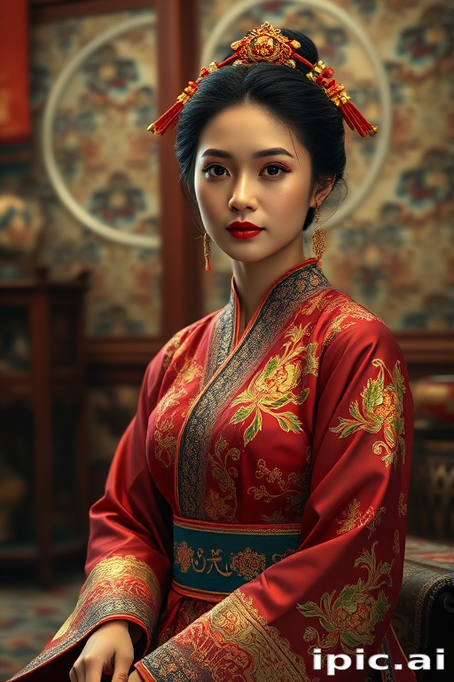 A beautiful woman in traditional East Asian attire, intricately detailed with embroidered patterns, sitting gracefully in a richly decorated room, soft ambient lighting, serene and elegant, ultra-realistic, 8K resolution