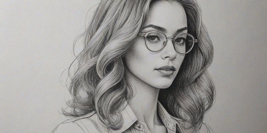 Resplendent DaniLeigh, pencil sketch, portrait of Fascinating woman 1972s in glasses, hair style beatnik, outline, clear lines, fine lines, 8k
