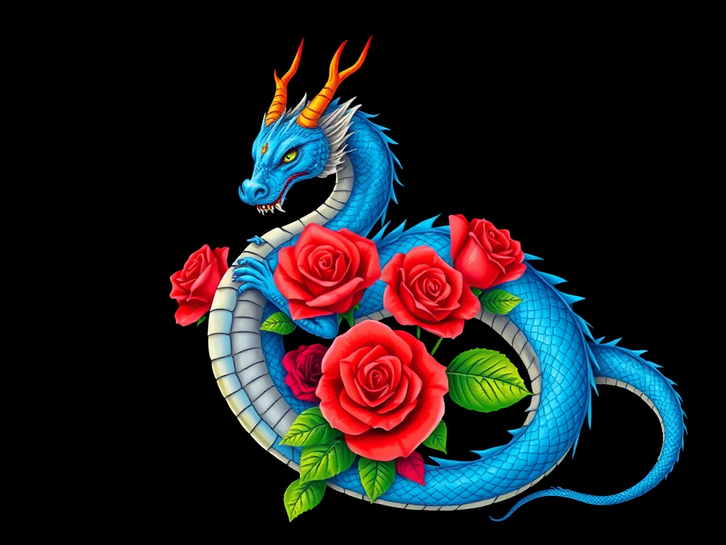 Create a vibrant illustration of a blue dragon entwined with red roses against a black background, using a DSLR camera with a 50mm lens, aperture set at f/2.8, ISO 100, and a slight vignette effect for depth.