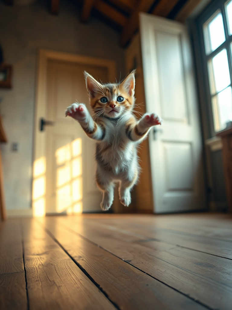 A playful kitten leaping mid-air in a softly lit rustic room, with wooden floors and warm, atmospheric lighting, captured with a Canon EOS R5, 50mm lens, f/1.8 aperture, 1/250 sec shutter speed, ISO 100, low angle shot for dynamic perspective.