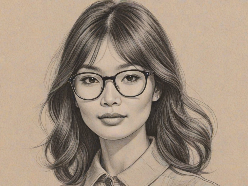 Pleasing Gemma Chan, pencil sketch, portrait of Appealing woman 1960s in glasses, hair style beatnik, outline, clear lines, fine lines, 8k