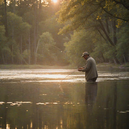 Blurry candid shot of a fisherman casting his line into a river at dawn, soft light from the rising sun reflecting off the water, with trees softly blurred in the background.