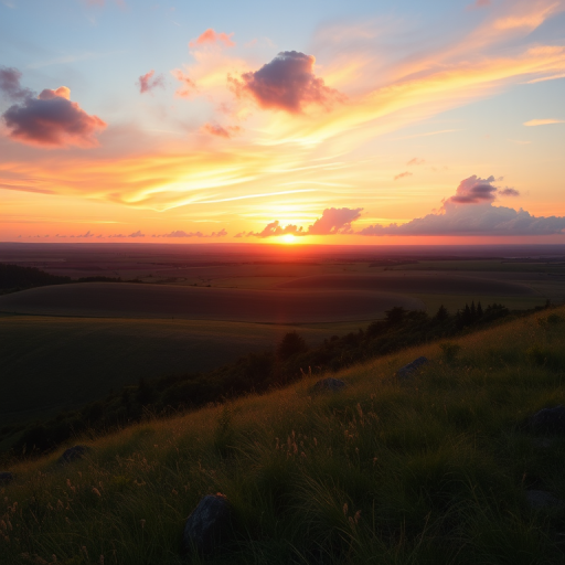 Generate a high-resolution image of a serene landscape at sunrise with vibrant colors and soft clouds, captured with a DSLR camera using a 24mm lens, aperture set to f/8, ISO 100, in landscape orientation, with a golden hour effect for enhanced light quality.