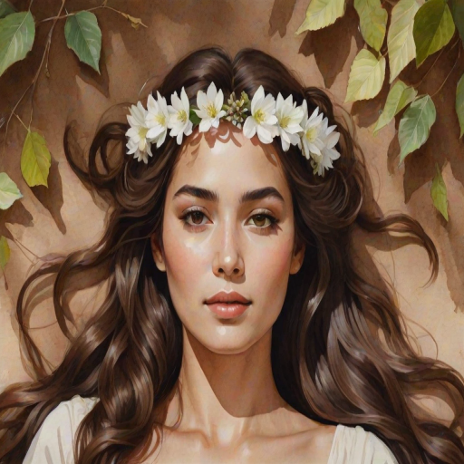 create a watercolor painting of an ethereal portrait of beautiful Turkmen woman with a simple white flower crown on her head. Her hair is long and she is lying on the ground. The sunlight on the trees casts shadows from the leaves on her face and body. The background is a neutral brown color that matches her skin tone. The image is minimalist and solid colors. This style is characterized by soft, delicate brushstrokes and a light, airy, contrasting color palette. High level of detail and play of light