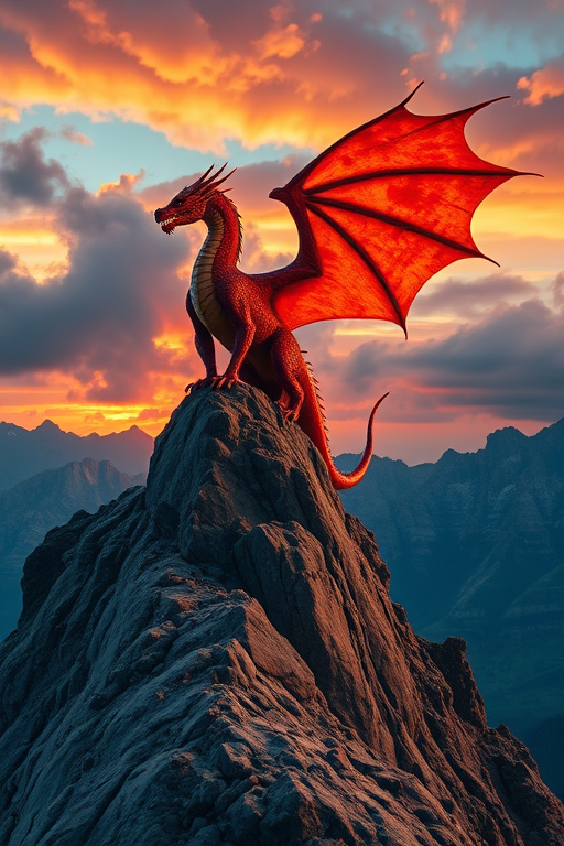A majestic dragon with fiery wings perched on a rocky mountain peak under a dramatic sky, vibrant colors, 35mm lens, f/8 aperture, ISO 100, shot from a low angle for a powerful perspective, using a DSLR camera for high-resolution detail.