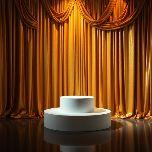 golden drapery backdrop with a circular pedestal in the center, soft lighting for an elegant ambiance, DSLR camera, 50mm lens, f/1.8 aperture, ISO 100, 1/125 sec shutter speed, shallow depth of field