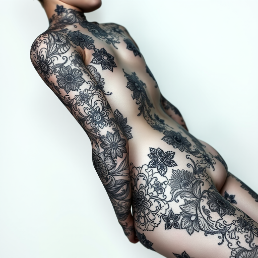 Ornamental blackwork tattoo showcasing intricate lace-like patterns and delicate filigree designs, forming a stunning full-body suit with strategically placed negative space