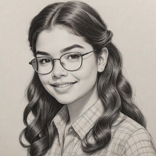 Captivating Auli'i Cravalho, pencil sketch, portrait of Beauteous woman 1970s in glasses, hair style beatnik, outline, clear lines, fine lines, 8k